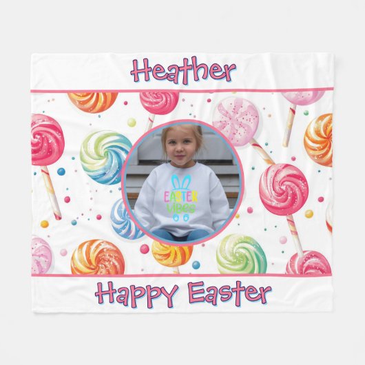 Personalized Happy Easter Lollipop Candy Photo フリースブランケット (正面(横))