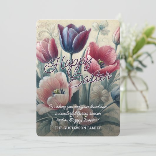 Personalized Happy Easter Tulips Easter Card シーズンカード (スタンド正面)