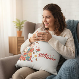 Personalized Happy Girl Floral Messy Bun Name クッション
