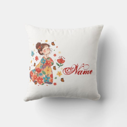 Personalized Happy Girl Floral Messy Bun Name クッション (裏面)