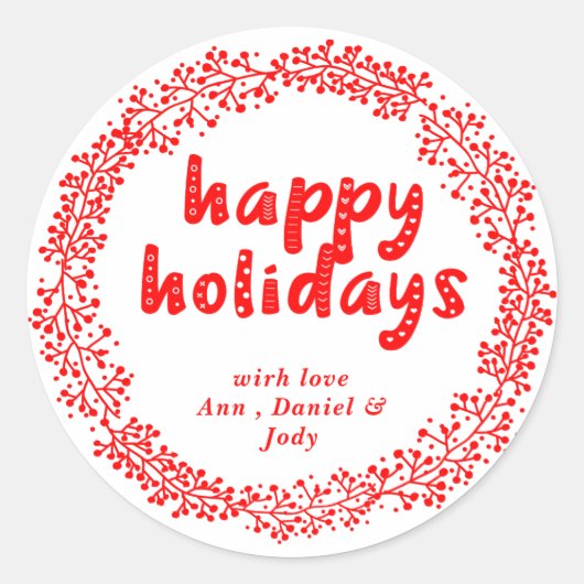 Personalized Happy Holidays Wreath Red and White ラウンドシール (正面)
