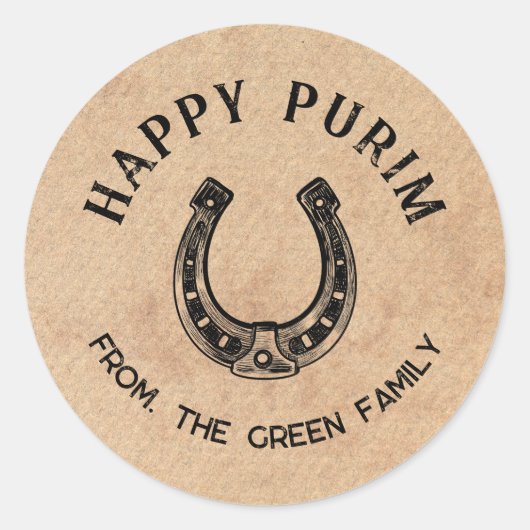 Personalized Happy Purim Round Sticker - Horseshoe ラウンドシール (正面)