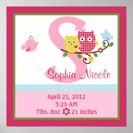 Personalized Happy Tree/Owls Birth Info Poster ポスター