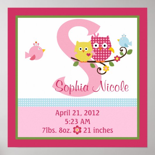 Personalized Happy Tree/Owls Birth Info Poster ポスター (正面)