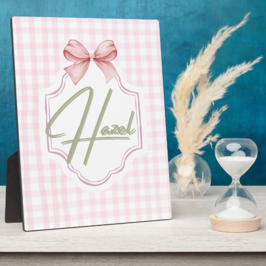 Personalized Hazel Baby Girl Nursery Bow&Gingham  フォトプラーク (側面)