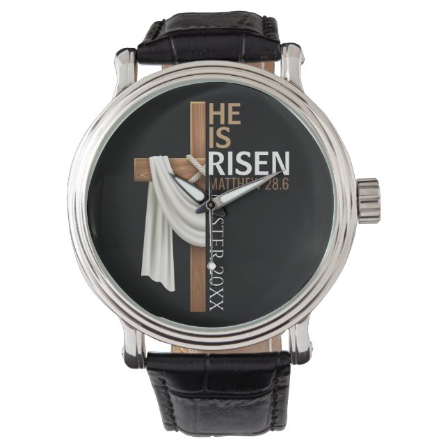 Personalized He Is Risen Vintage Easter Cross 腕時計 (正面)