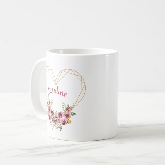 Personalized Heart & Flowers Romantic Mug コーヒーマグカップ (正面左)