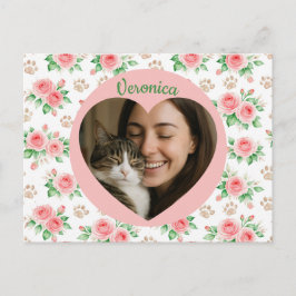 Personalized Heart Photo & Watercolor Floral  ポストカード