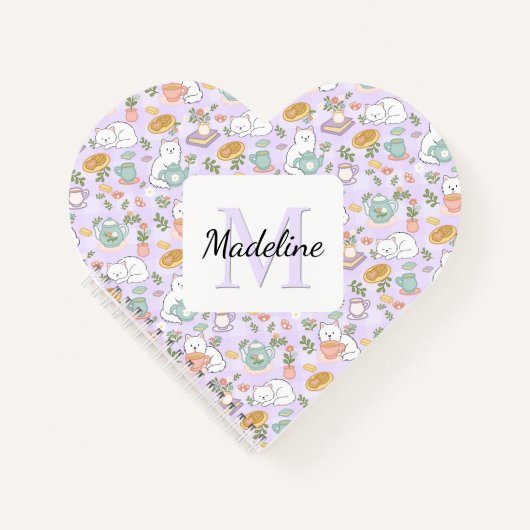 Personalized Heart Tea & Bookish Cats Pastel Girly ノートブック (正面)