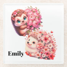 Personalized Hedgehog Coaster | Cute Floral Animal