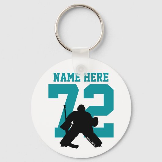 Personalized Hockey Goalie Name Number shark teal キーホルダー (正面)
