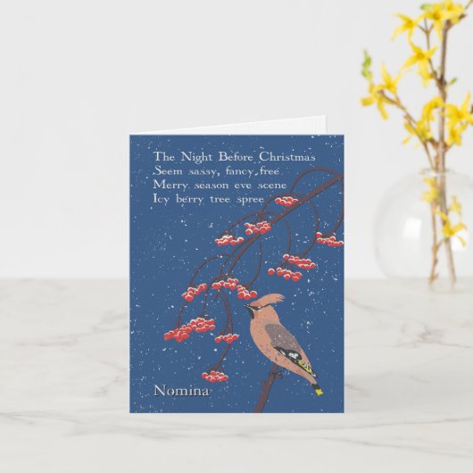 Personalized Holiday Poem Illustrated Waxwing Bird カード (黄色い花)