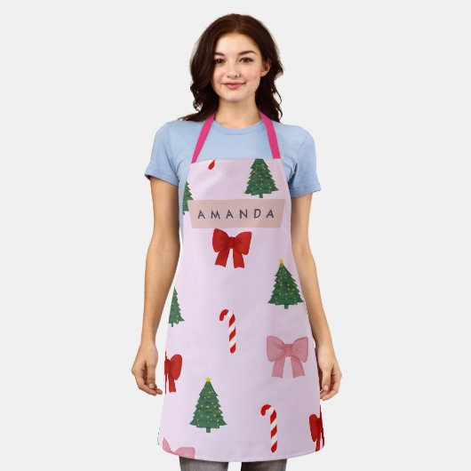 Personalized Holiday Tree & Candy Cane Pattern エプロン (着用した状態)