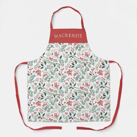 Personalized Holly Berries Greenery Pattern エプロン (正面)