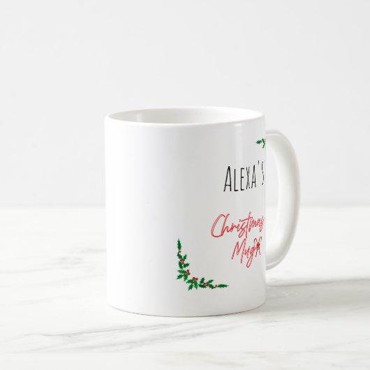 Personalized Holly Berry Candy Cane Name Christmas コーヒーマグカップ (正面右)