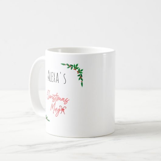 Personalized Holly Berry Candy Cane Name Christmas コーヒーマグカップ (正面左)