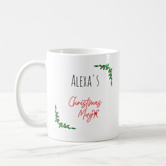 Personalized Holly Berry Candy Cane Name Christmas コーヒーマグカップ (左)