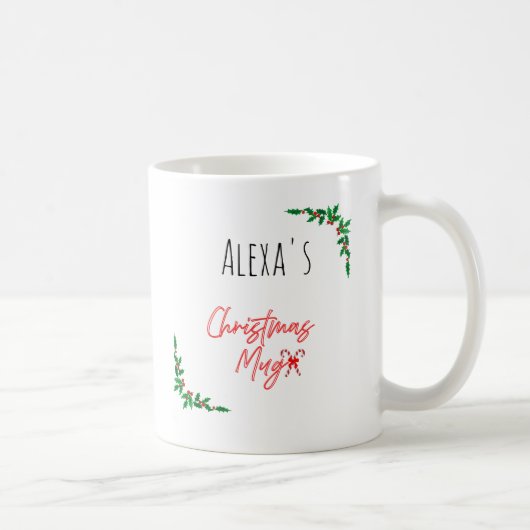 Personalized Holly Berry Candy Cane Name Christmas コーヒーマグカップ (右)