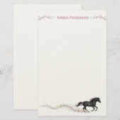 Personalized Horse Stationery Black Horse Flowers 便箋 (正面/裏面)