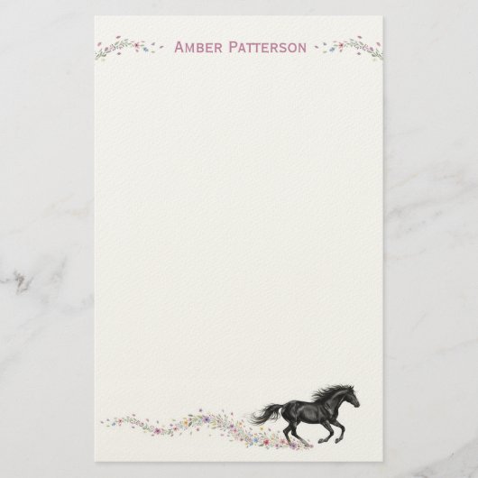 Personalized Horse Stationery Black Horse Flowers 便箋 (正面)