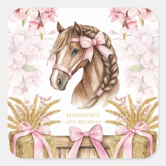 Personalized Horse Sticker – Blush Pink スクエアシール (正面)