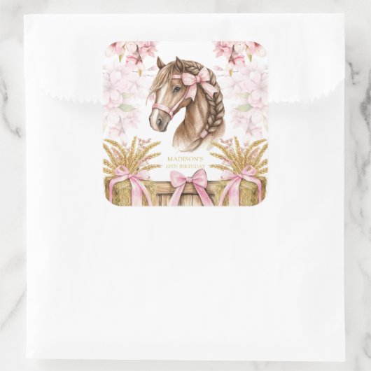 Personalized Horse Sticker – Blush Pink スクエアシール (バッグ)