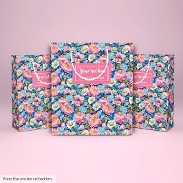 Personalized hot pink and blue floral gift wrap ミディアムペーパーバッグ
