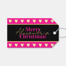 Personalized Hot Pink Black Gold Heart Christmas ギフトタグ