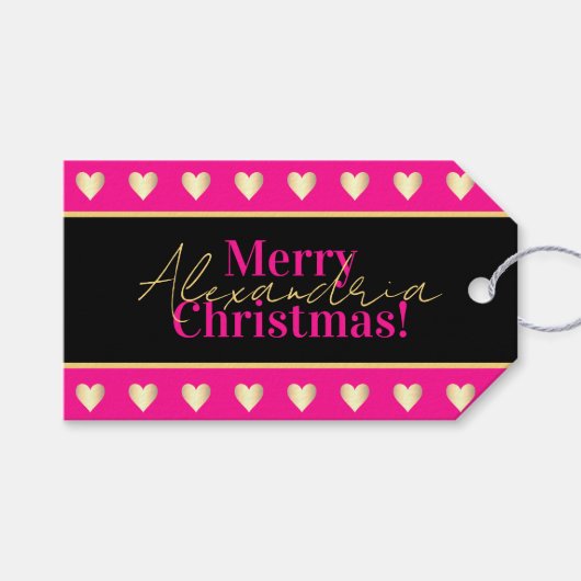Personalized Hot Pink Black Gold Heart Christmas ギフトタグ (正面(横))