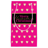 Personalized Hot Pink Black Gold Heart Christmas スモールペーパーバッグ (正面)