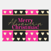 Personalized Hot Pink Black Gold Heart Christmas ラッピングペーパーシート (正面3)