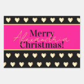 Personalized Hot Pink Black Gold Heart Christmas ラッピングペーパーシート (正面2)