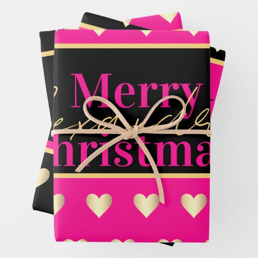 Personalized Hot Pink Black Gold Heart Christmas ラッピングペーパーシート (インサイチュ)