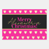 Personalized Hot Pink Black Gold Heart Christmas ラッピングペーパーシート (正面)
