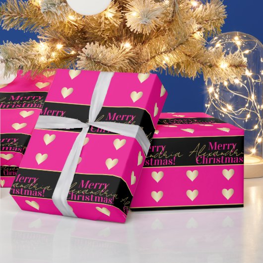Personalized Hot Pink Black Gold Heart Christmas ラッピングペーパー (クリスマス)