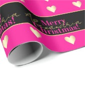 Personalized Hot Pink Black Gold Heart Christmas ラッピングペーパー (ロールコーナー)