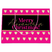 Personalized Hot Pink Black Gold Heart Christmas ラージペーパーバッグ (正面)