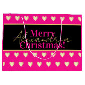 Personalized Hot Pink Black Gold Heart Christmas ラージペーパーバッグ (裏面)