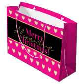 Personalized Hot Pink Black Gold Heart Christmas ラージペーパーバッグ (裏面アングル)