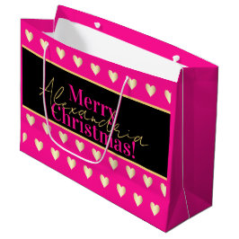 Personalized Hot Pink Black Gold Heart Christmas ラージペーパーバッグ