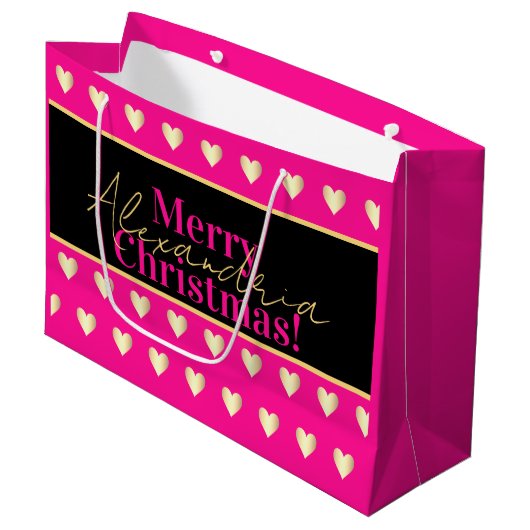 Personalized Hot Pink Black Gold Heart Christmas ラージペーパーバッグ (正面アングル)