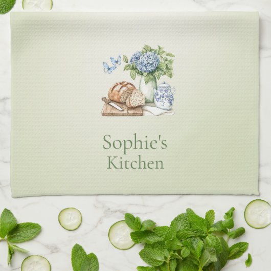 Personalized Hydrangea Kitchen Towel, Custom Name キッチンタオル (折り畳み)