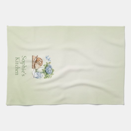 Personalized Hydrangea Kitchen Towel, Custom Name  キッチンタオル (横)