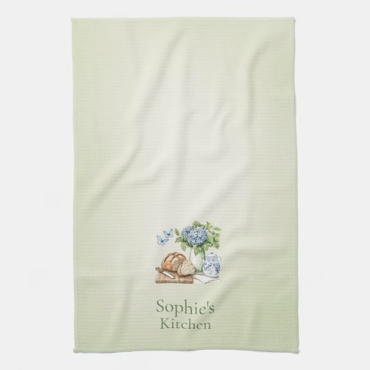 Personalized Hydrangea Kitchen Towel, Custom Name キッチンタオル (縦)