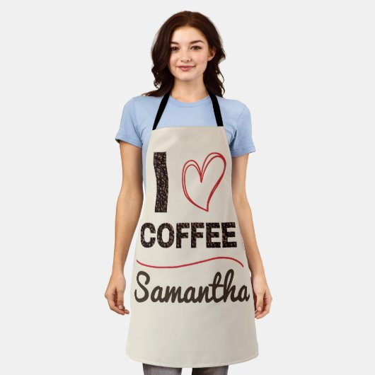 Personalized I Love Coffee Bean Barista Apron Gift エプロン (着用した状態)
