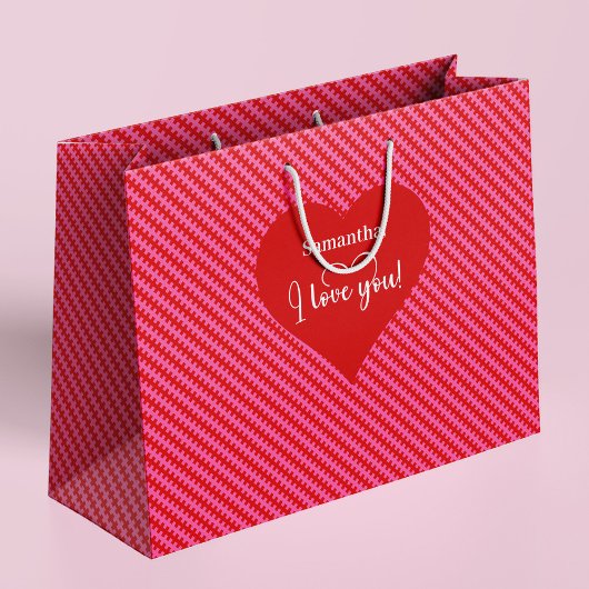 Personalized I Love You Pink Hearts Valentine  ラージペーパーバッグ