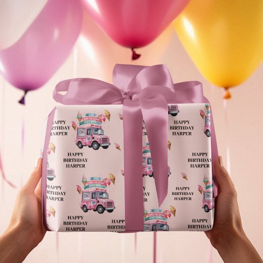 Personalized Ice Cream Truck Pink Birthday ラッピングペーパー