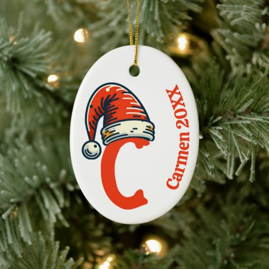 Personalized Inital Letter Name and Year Santa Hat セラミックオーナメント (ツリー)