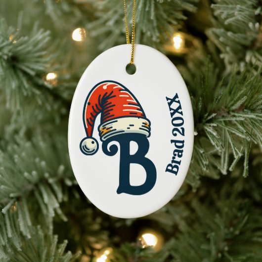Personalized Inital Letter Name and Year Santa Hat セラミックオーナメント (ツリー)