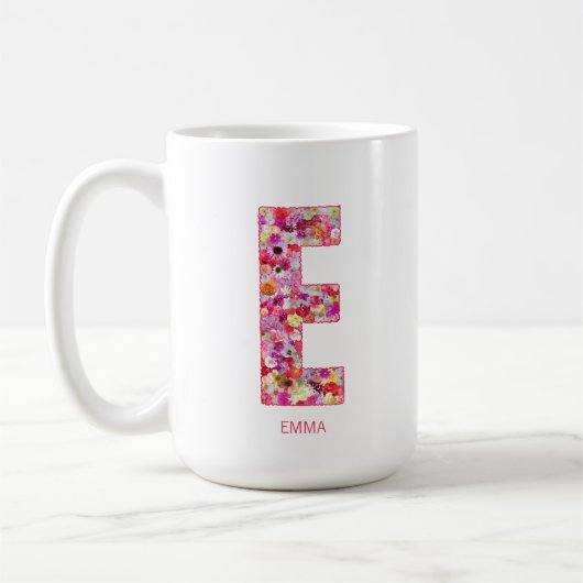 Personalized Initial | Floral Letter E Monogram  コーヒーマグカップ (左)